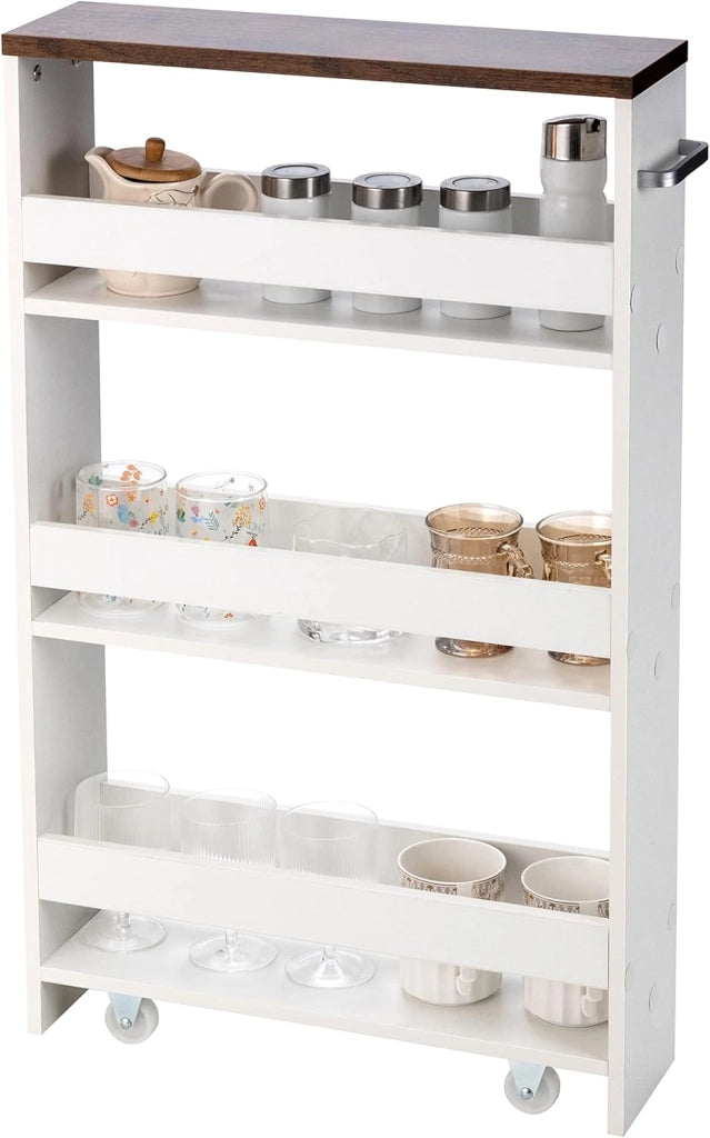 Carrello Portaoggetti da Cucina, Scaffale con Maniglia Laterale e Ruote, Carrello Salvaspazio con 3 Scaffali Stretti, 48x12,5x81 cm