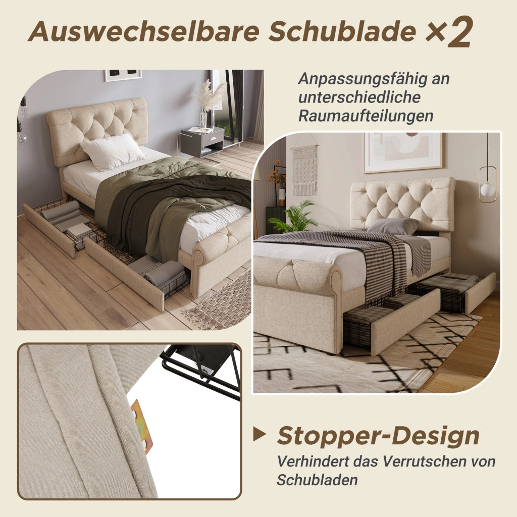 letto imbottito metallo e legno naturale 90 x 200 cm