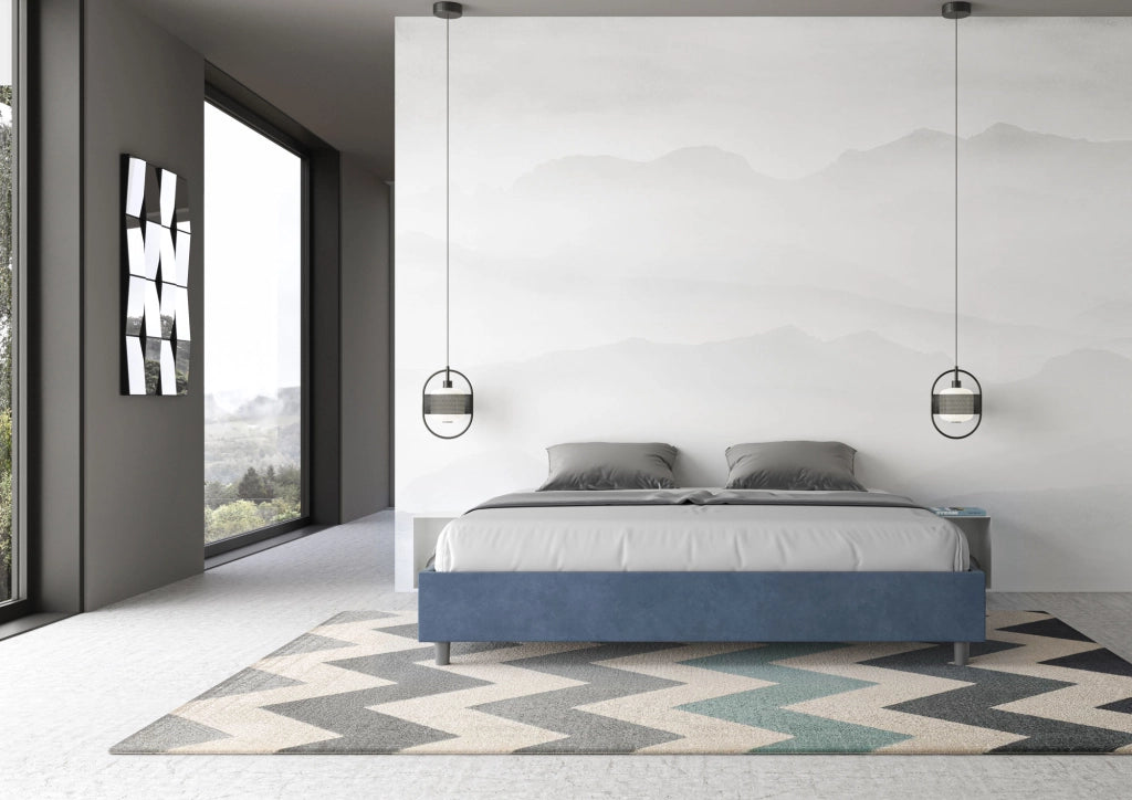 BS COM Letto matrimoniale king size con rete imbottito 200x200 microfibra blu