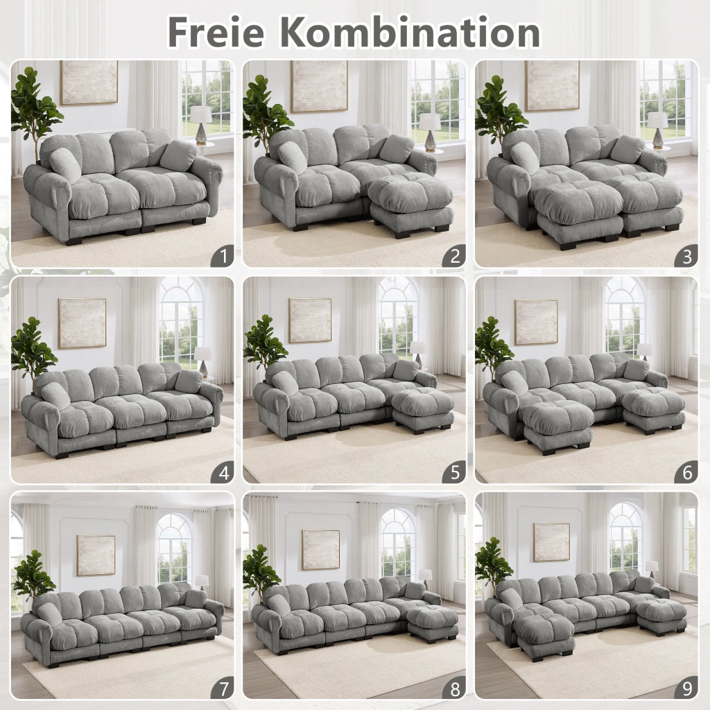 Divano angolare 3 posti con pouf mobile e cuscino, in Chenille, Grigio chiaro