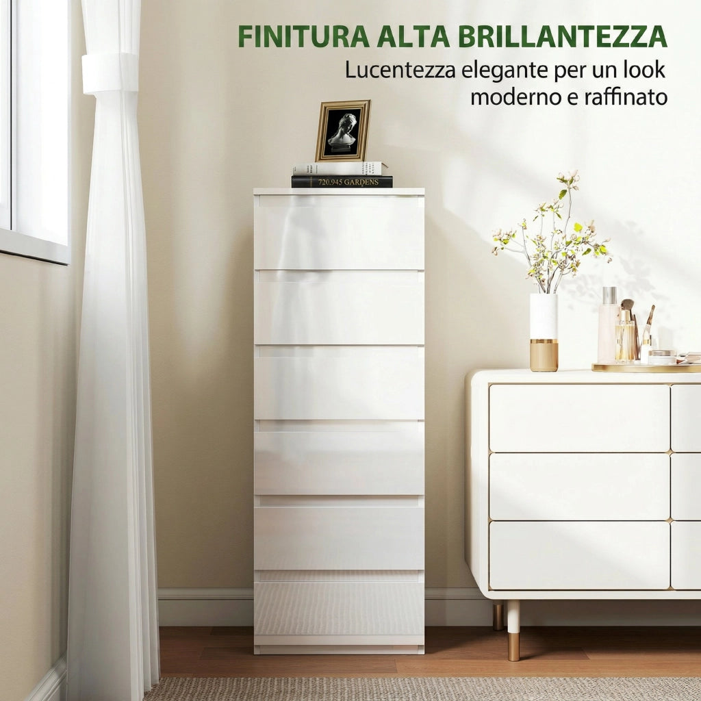 Com¨° Slim. 6 Cassetti Finitura Lucida. Camera da Letto. Bianco