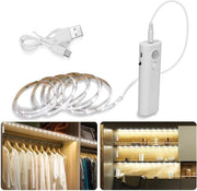 Strisce LED Bianche con Sensore di Movimento - Adesive e Ricaricabili 2m, Adatte per Armadi, Camere da Letto, Cucine, Corridoi, Accensione Automatica