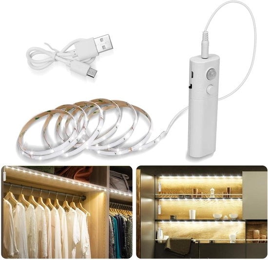 Strisce LED Bianche con Sensore di Movimento - Adesive e Ricaricabili 2m, Adatte per Armadi, Camere da Letto, Cucine, Corridoi, Accensione Automatica