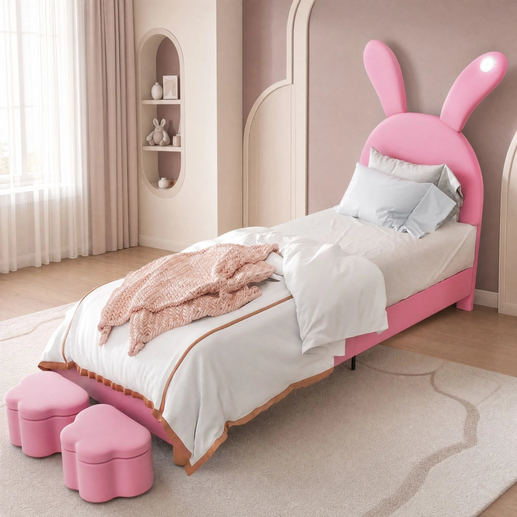 LETTO imbottito 90x200 cm in velluto rosa con LED e 2 panche contenitore