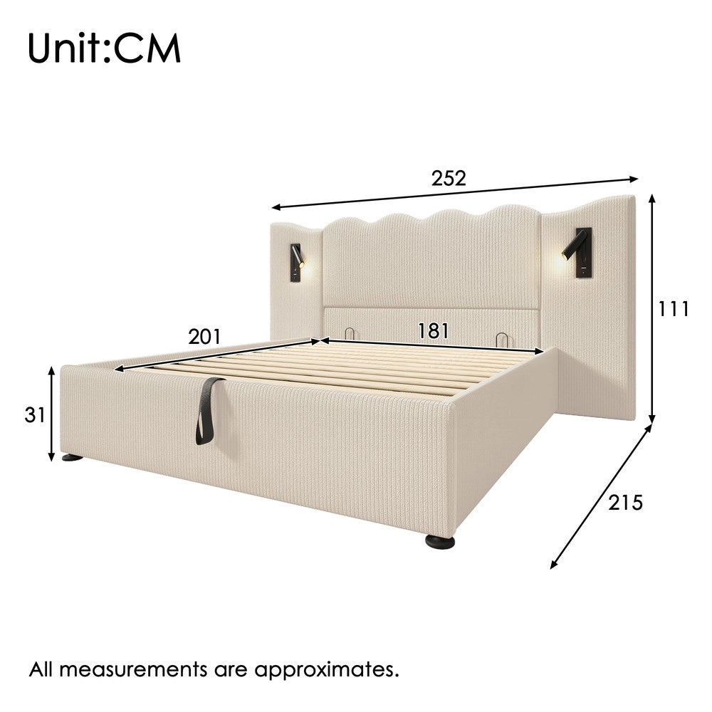 Letto Imbottito Contenitore Matrimoniale con Luce LED e USB ¨C MINIMAL ¨C Cordone Beige/Bianco, Doghe Massello, 180x200