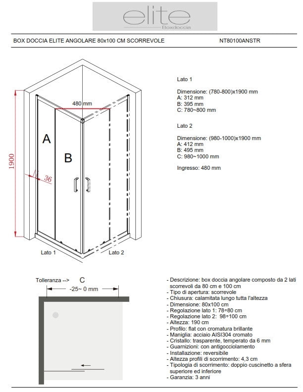 BOX DOCCIA ELITE ANGOLARE 80x100 CM SCORREVOLE TRASPARENTE