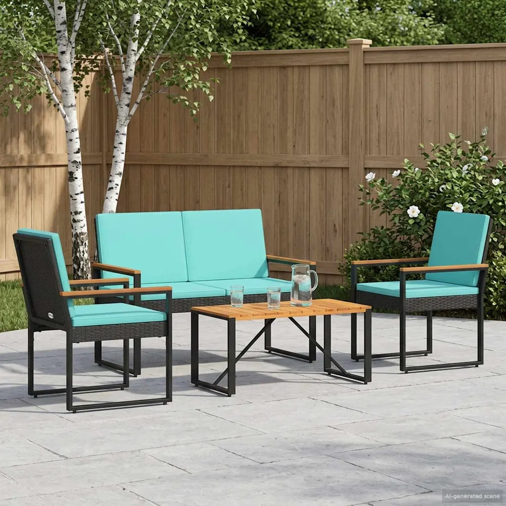 Set Mobili da Esterno 4 pz | Set Salotto da Giardino Nero e Turchese polyrattan