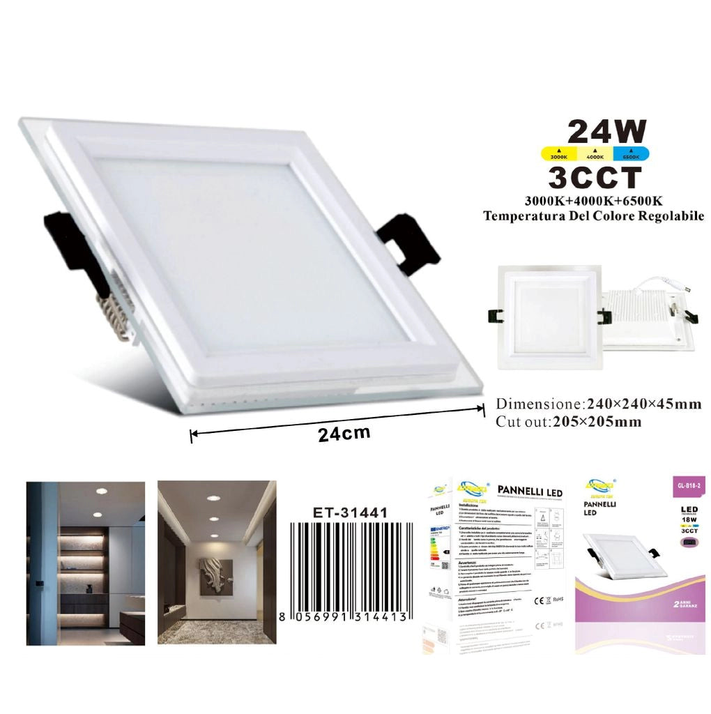 Faretto Pannello LED Incasso Quadrato Vetro Slim Quadrato 24W 3CCT 3000K 4000K 6500K