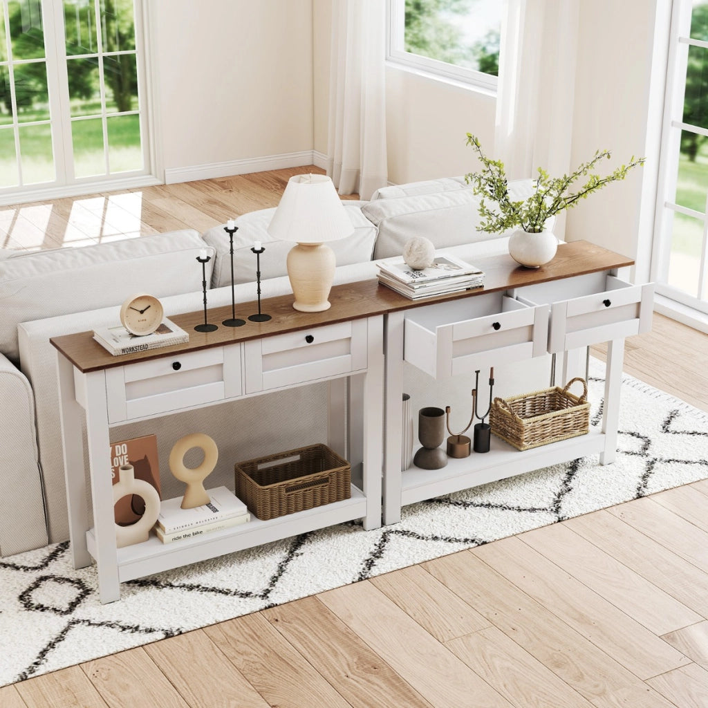 Tavolo da ingresso stretto da 106 cm con ripiano aperto per soggiorno, Tavolo consolle in stile casale con 2 cassetti Bianco