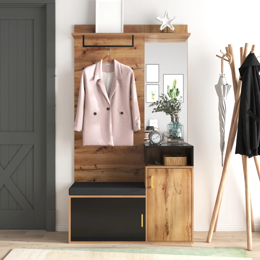 ARMADIO INGRESSO Set da 2 pezzi con specchio 105x40x191,5 cm Nero/Legno
