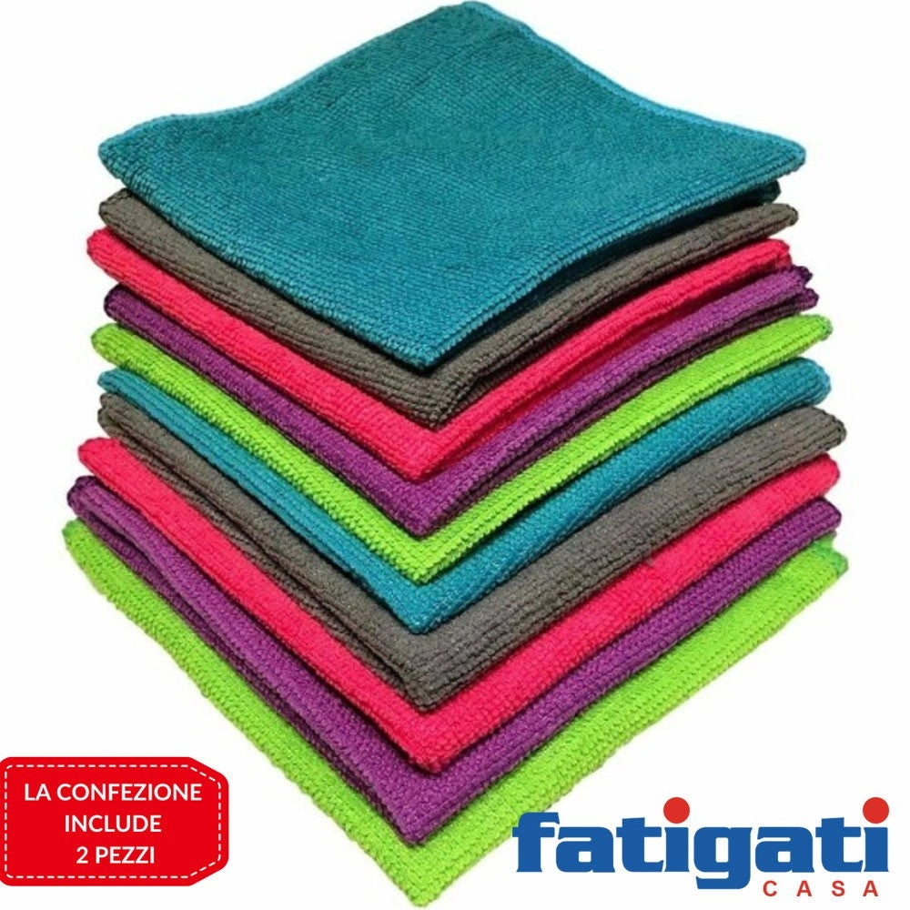 Trade Shop - Set 2 Panni In Microfibra Fatigati Multiuso Strofinacci Colori Assortiti 33x33cm -