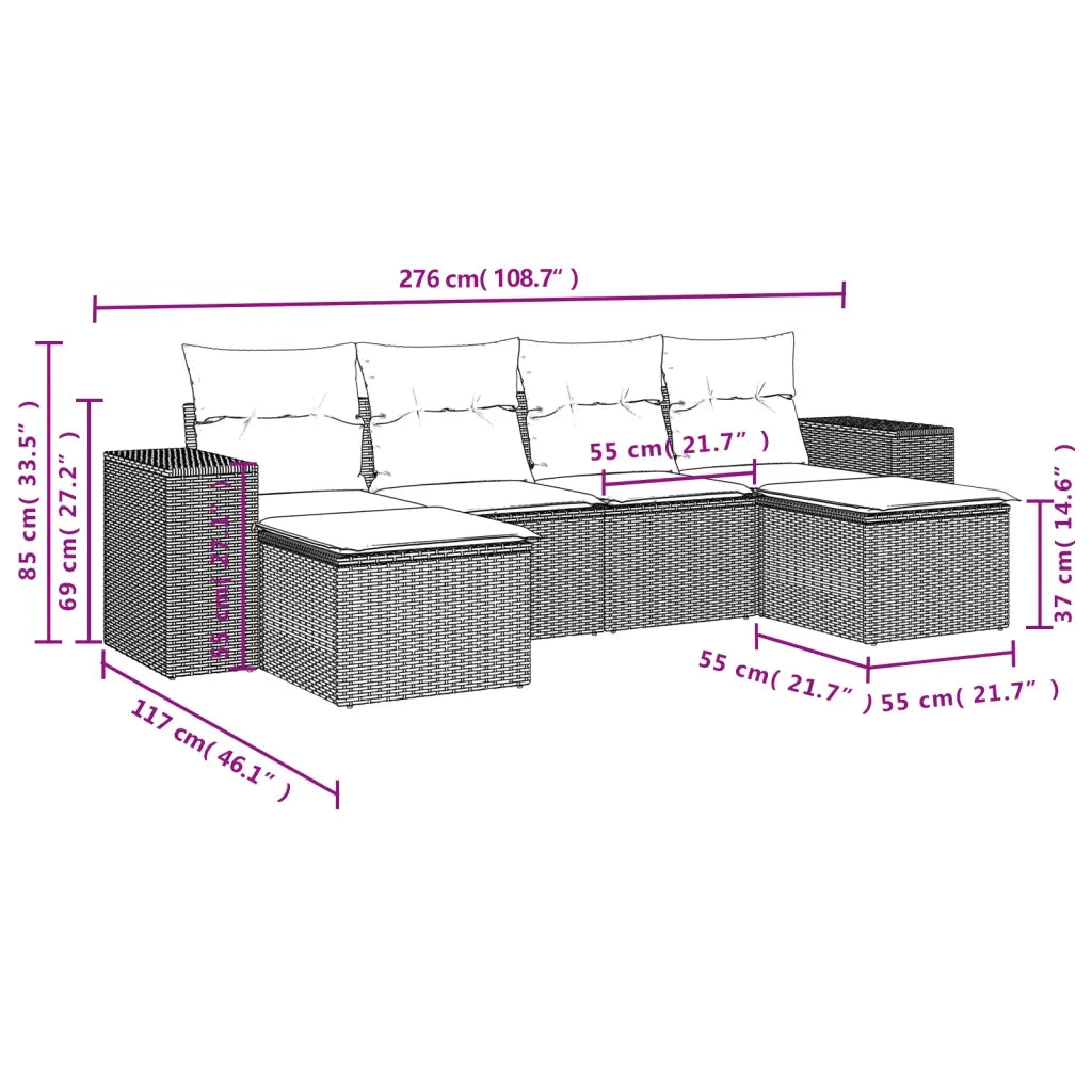 Set Divano da Giardino 6 pz con Cuscini Nero in Polyrattan 3255253