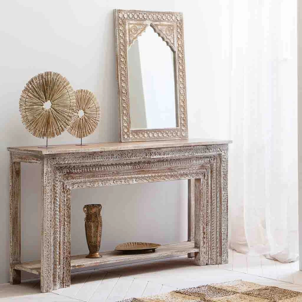 Mobile da ingresso in legno intagliato con finitura marrone invecchiato fatto a mano 160x39x86
