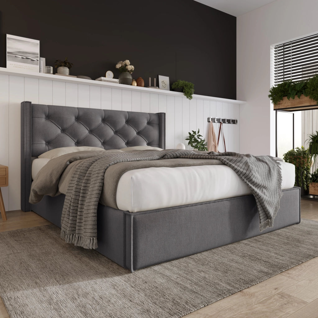 LETTO Imbottito 140x200 cm Grigio con contenitore e rete sollevabile