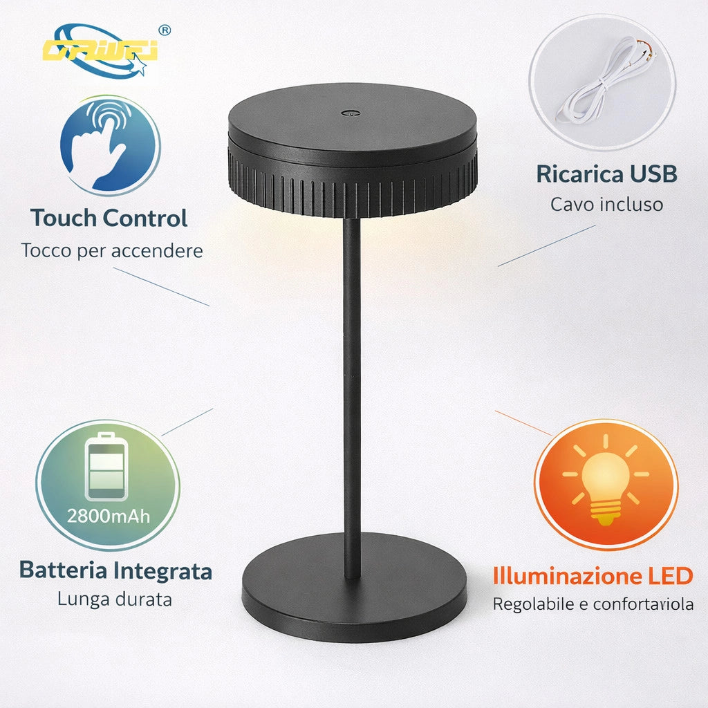LAMPADA DA TAVOLO LED RICARICABILE TOUCH USB 2000MAH DESIGN MODERNO NERO LPT146