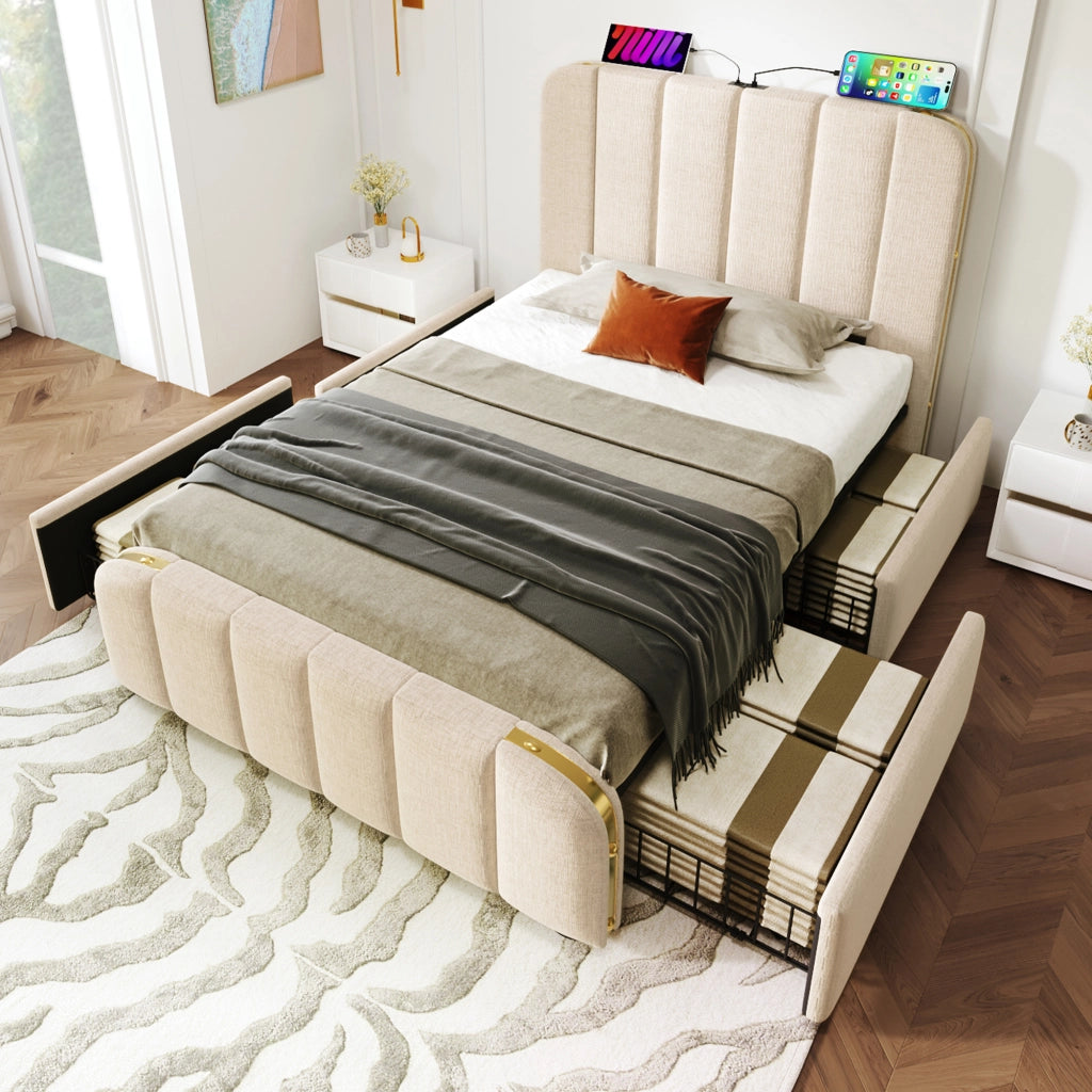 LETTO singolo 90x200 cm in lino beige con 4 cassetti e porta USB Tipo-C