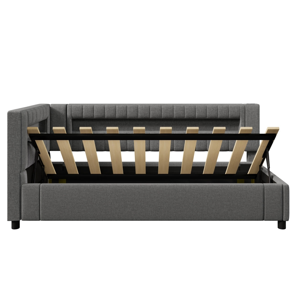 LETTO Contenitore 90x200 cm in lino grigio con LED e USB