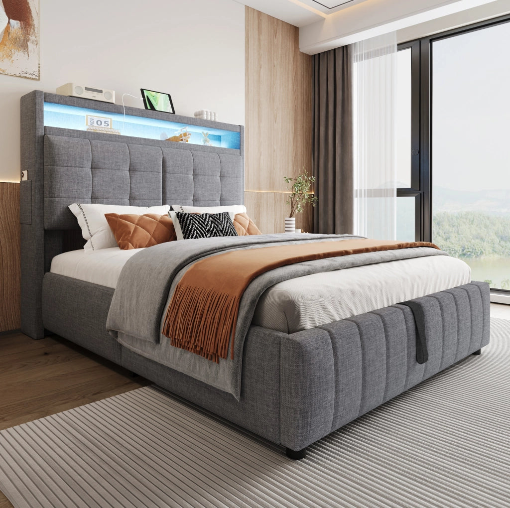 Letto imbottito 140x200 cm con LED, USB e vano contenitore