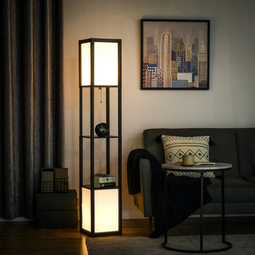 Lampada da Terra con Scaffale ¨C Minimal ¨C Nero e Bianco 26x26x156 cm