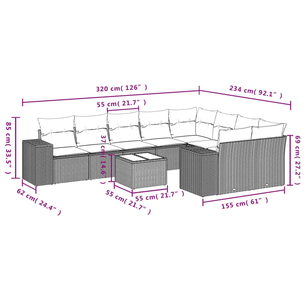 Set Divano da Giardino 10 pz con Cuscini Beige in Polyrattan 3223047