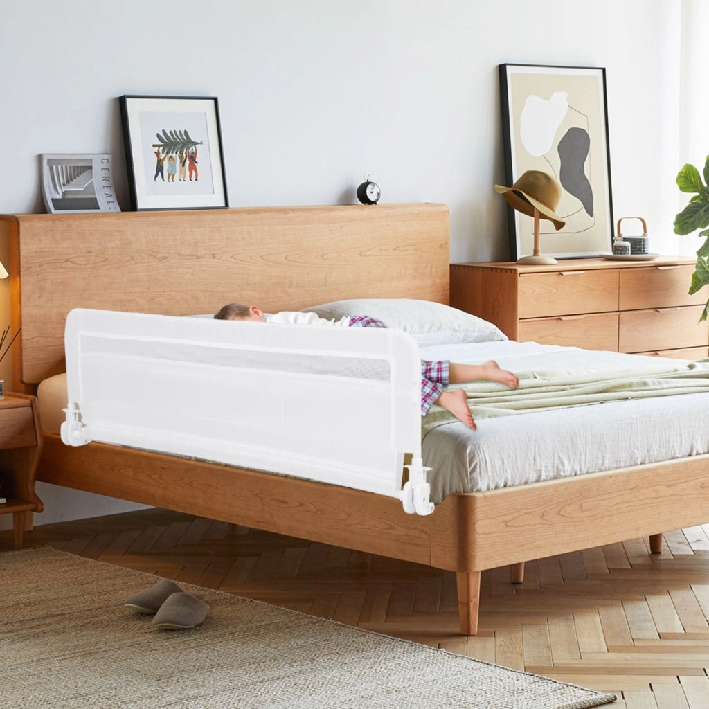 Sponda da letto pieghevole con copertura removibile e lavabile e cintura di sicurezza, Sponda da letto a ribalta per bambini Bianco-Barriere letto