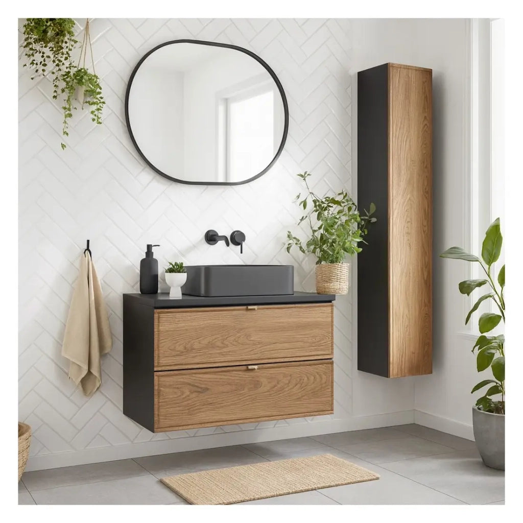 Set SAVIA: mobiletto sottolavabo 80cm + lavabo da appoggio + colonna di storage + specchio LED