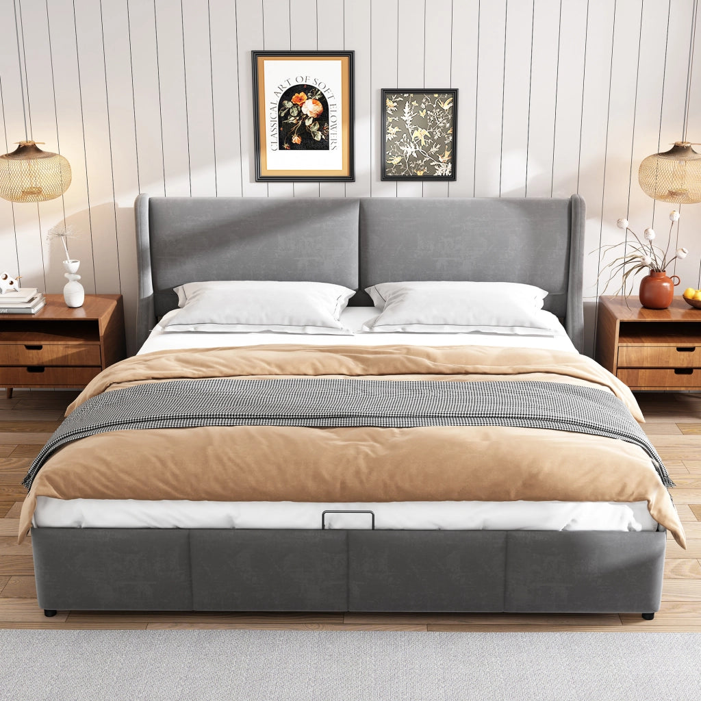 Letto matrimoniale con contenitore e rete 180x200 cm in velluto grigio; testiera sagomata