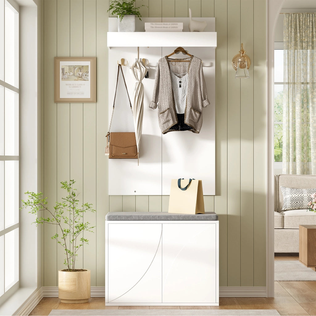 APPENDIABITI 3 in 1 con 4 ganci, scarpiera a 2 ante e panca 60x35x(45+100) cm bianco