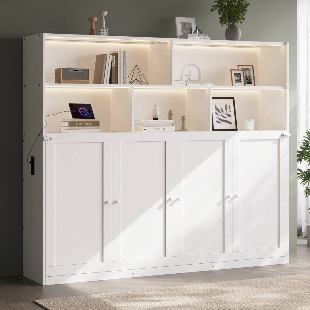 LETTO Contenitore 90x200 cm Bianco in MDF con LED e rete a doghe