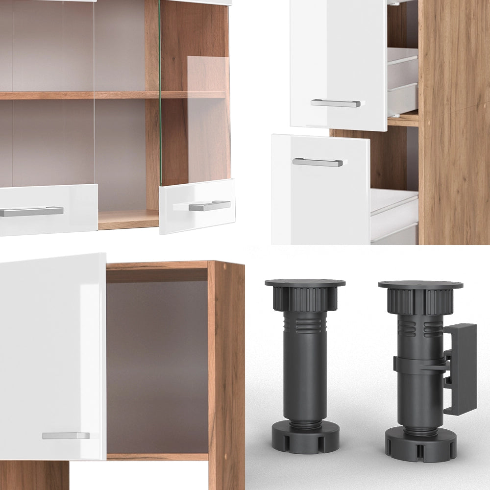 Angolo cottura R-Line Bianco lucido/Rovere dorato 350 cm con armadio alto, PL Rovere Vicco
