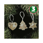 Trade Shop - 3 Appendini Natale In Legno E Ovatta Forma Stella Albero Cuore Con Scenario 16cm -
