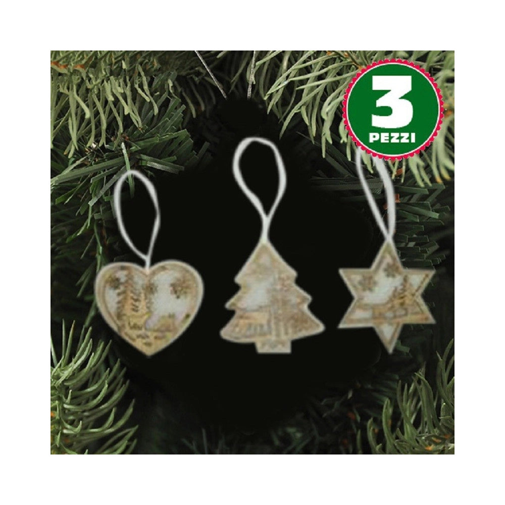 Trade Shop - 3 Appendini Natale In Legno E Ovatta Forma Stella Albero Cuore Con Scenario 16cm -