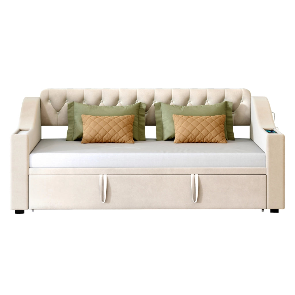 Divano letto imbottito con rete a doghe; USB e Type-C; 90x190 cm; beige