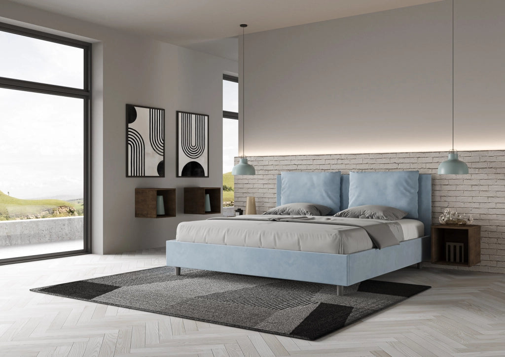 BS COM Letto senza rete imbottito 180x190 microfibra azzurro