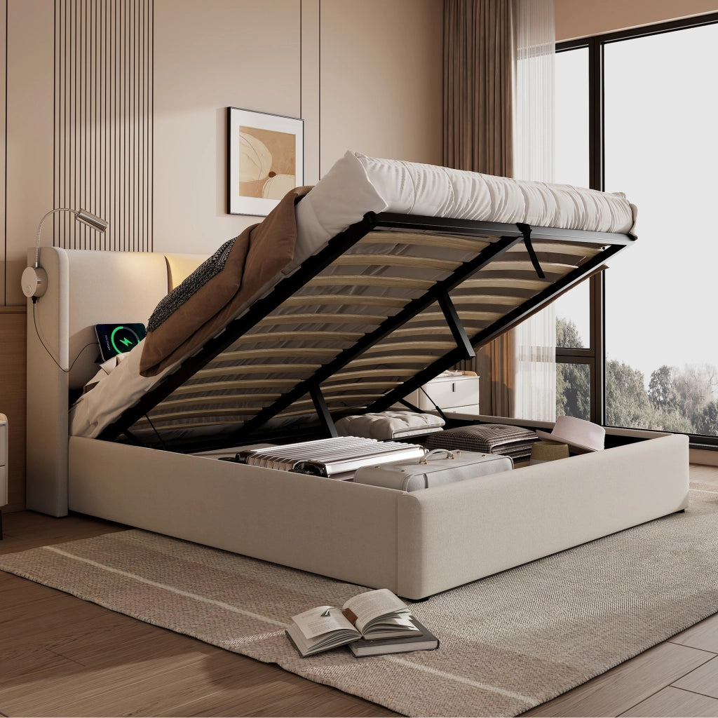 LETTO Contenitore 180x200 cm Beige in Lino con Luce da lettura e USB