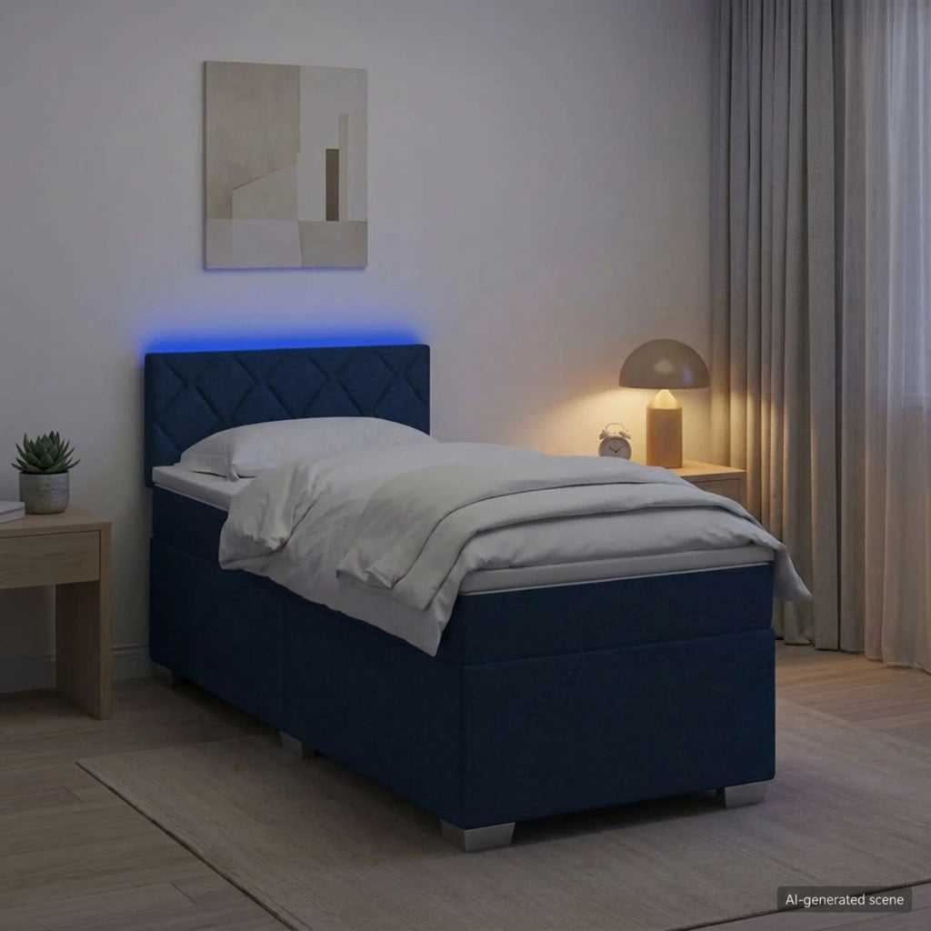 Letto con Box Spring, Materasso e LED Blu 90 x 200 cm Tessuto 3451867