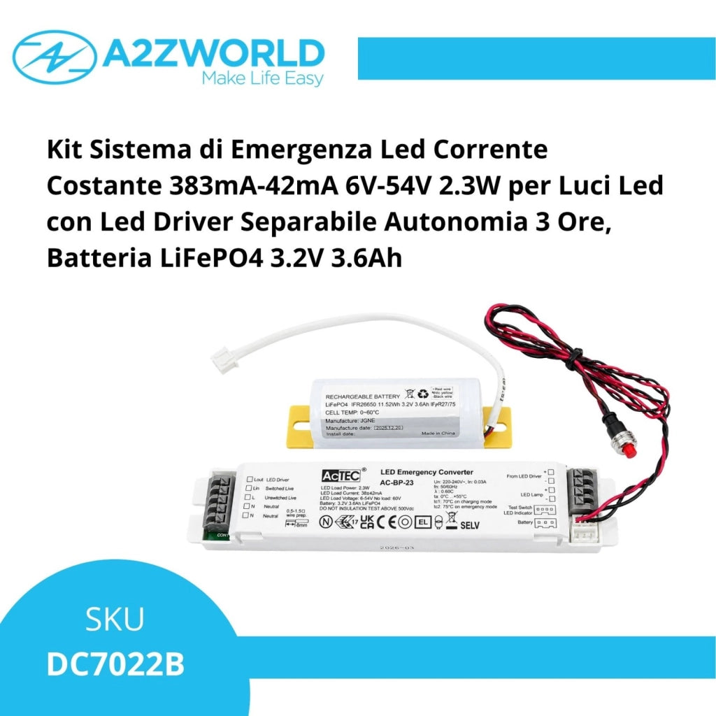Kit Emergenza LED, Modulo Conversione Emergenza per Lampade LED con Driver Separato, 2,3W 6–54V 383–42mA, Autonomia 3 Ore, Batteria LiFePO4 3,2V 3,6Ah, IP20