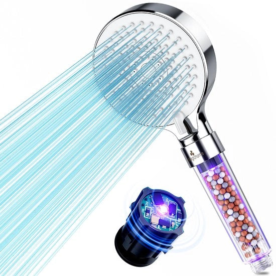 Douchekop con filtro a 3 strati e luce UV 395nm - 400nm per doccia a mano con 5 tipi di riscaldamento alta pressione, idoneo per acqua dura, risparmio di acqua.