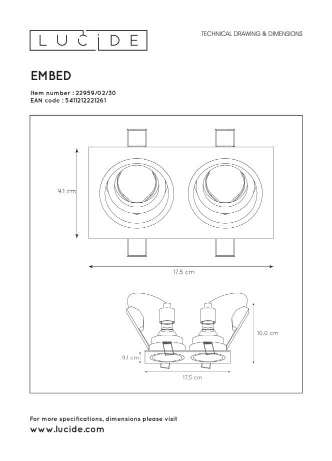 Lucide Embed faretto da soffitto 2xGU10 nero 50W metallo
