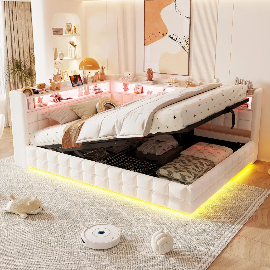 LETTO imbottito 140x200 cm Beige con contenitore idraulico, LED e prese USB-C
