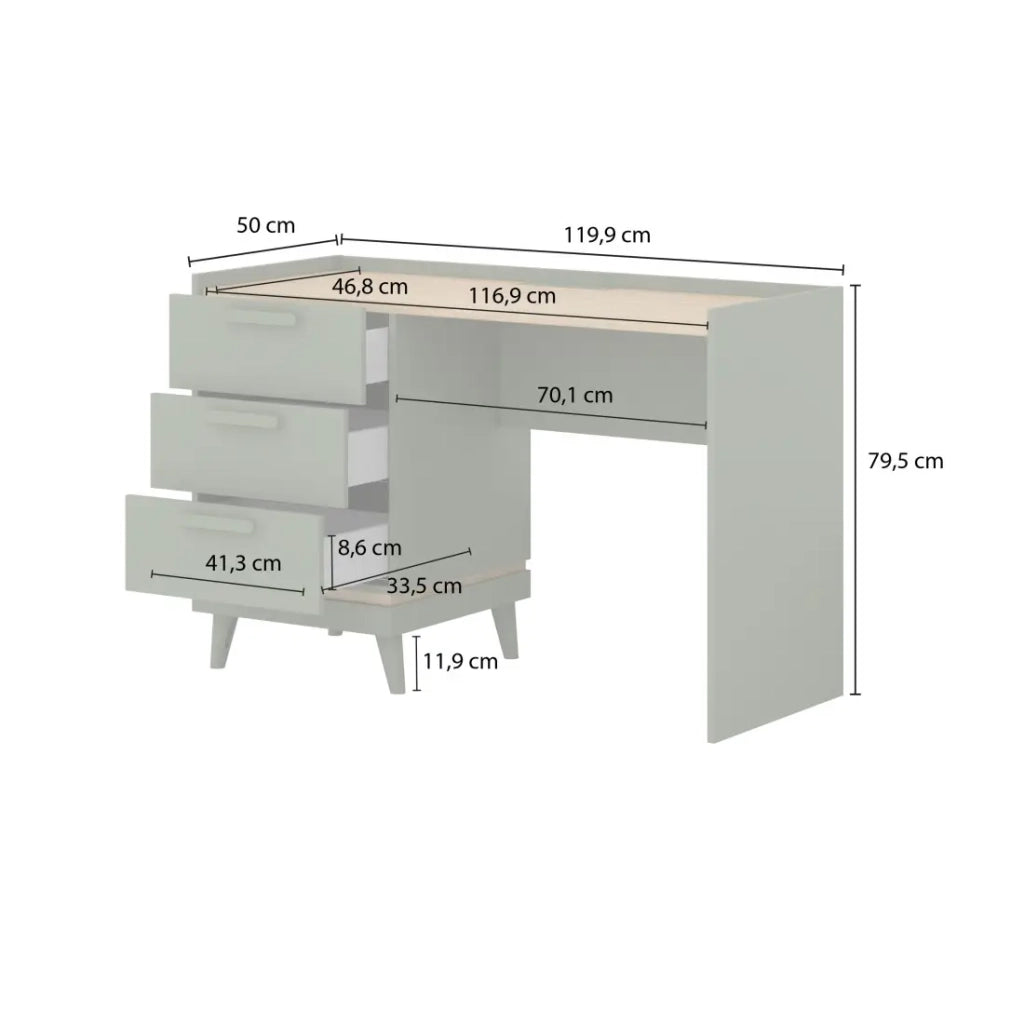 Scrivania stile scandinavo NOKI – 3 cassetti – Verde e legno – 120x80x50 cm