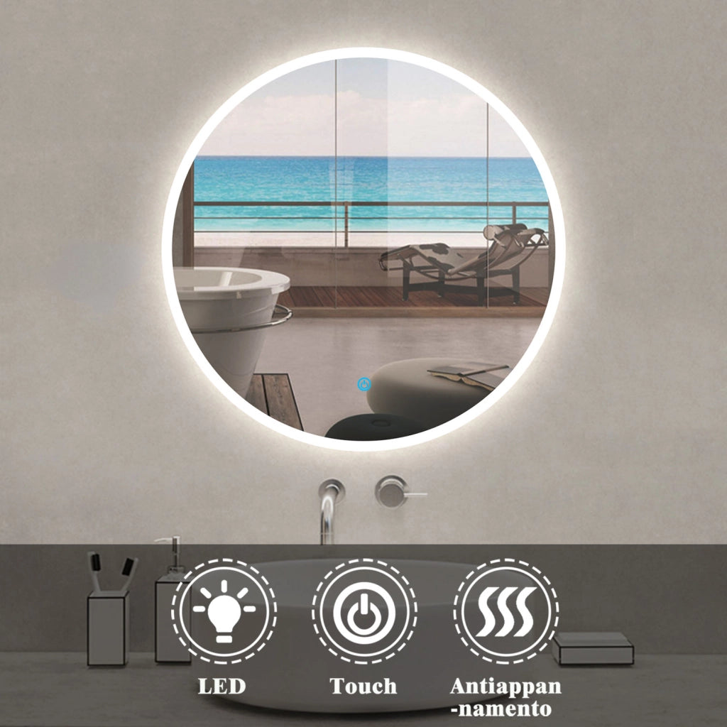 Aica Specchio da bagno rotondo con LED 70 x 70 cm + antiappannamento + interruttore a sfioramento