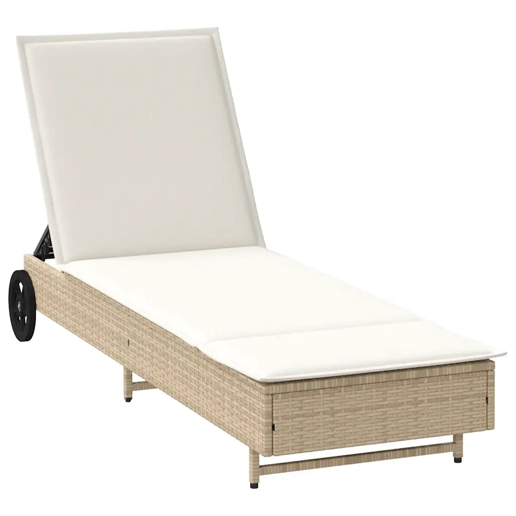 Lettino Prendisole con Ruote e Cuscino in Polyrattan Beige 4104037