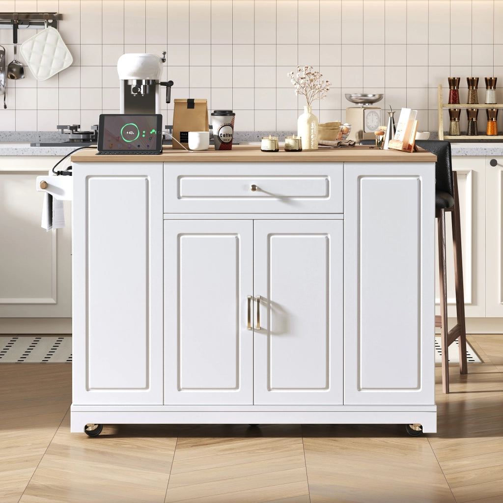 Isola da cucina su ruote con piano estraibile; cassetti multifunzione e vano pattumiera; bianco; 120x40-70 cm