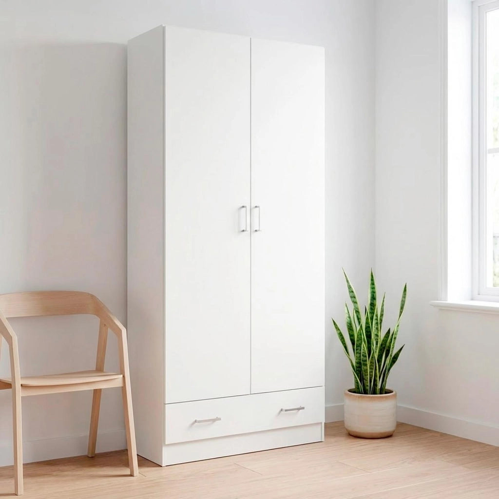 Armadio Multiuso Design Moderno Con 2 Ante E 1 Cassetto Salvaspazio Con Ripiani Interni E Vano Contenitore Per Camera Da Letto O Ingresso 79.4 X 35.7 X 170.4 Cm Bianco