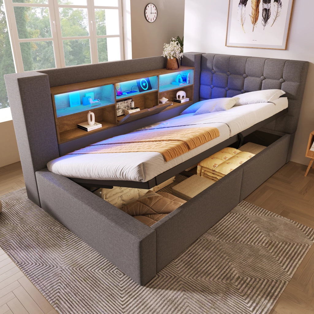 LETTO 90x200 cm con LED, testiera a L, lino grigio, 2 pacchi