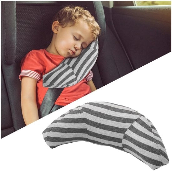 Cuscino per collo per bambini - Nekkussen/Schouderkussen - Cintura di sicurezza - Polyester - 30 x 15 x 11 cm - Grigio/Curcuma a strisce - Cuscino per collo per bambini