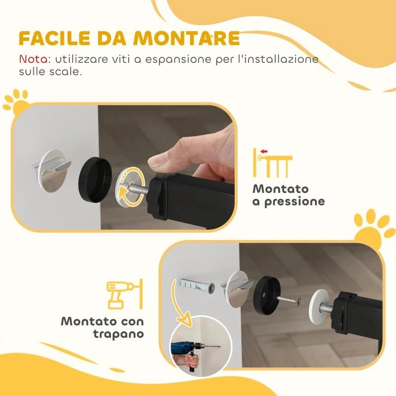 CANCELLETTO PER CANI ESTENSIBILE E REGOLABILE PER SCALE E PORTE, IN ACCIAIO E ABS, 75-85X76 CM, NERO