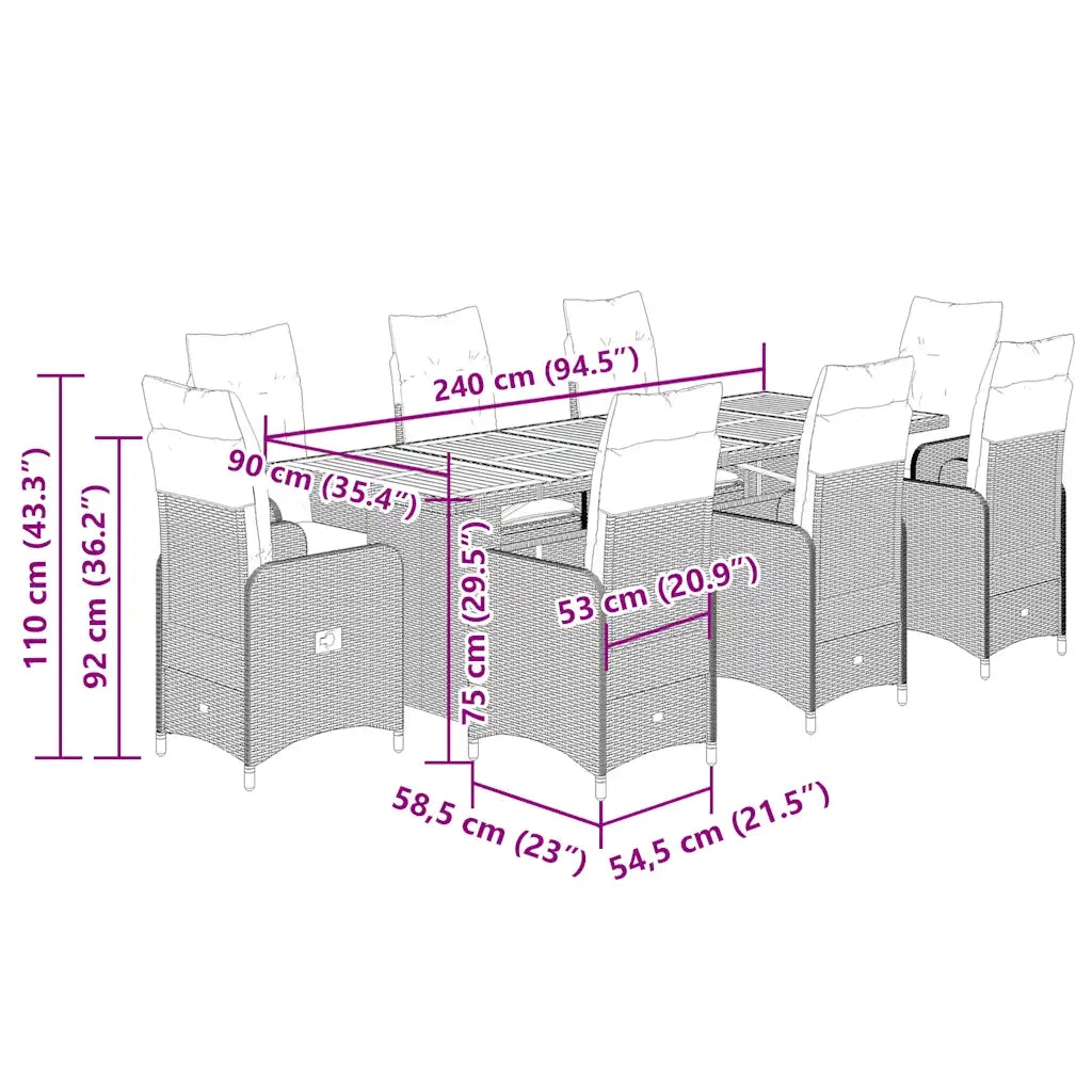 Set Bistrò da Giardino 9 pz con Cuscini in Polyrattan Grigio