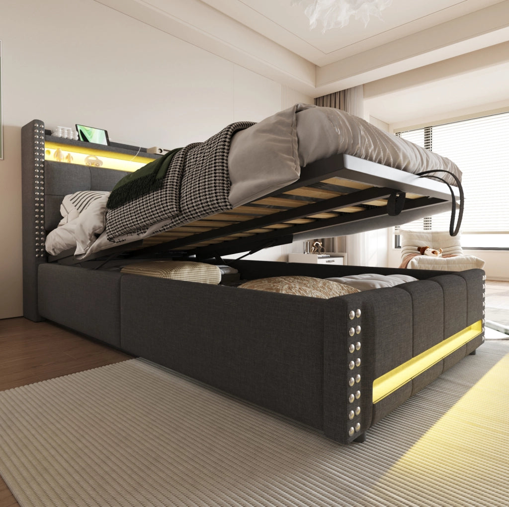 Letto imbottito 90x200 cm con LED; USB e contenitore